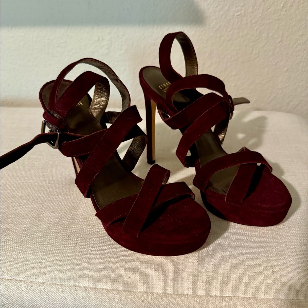 Stuart Weitzman Strappy Maroon Suede Heels